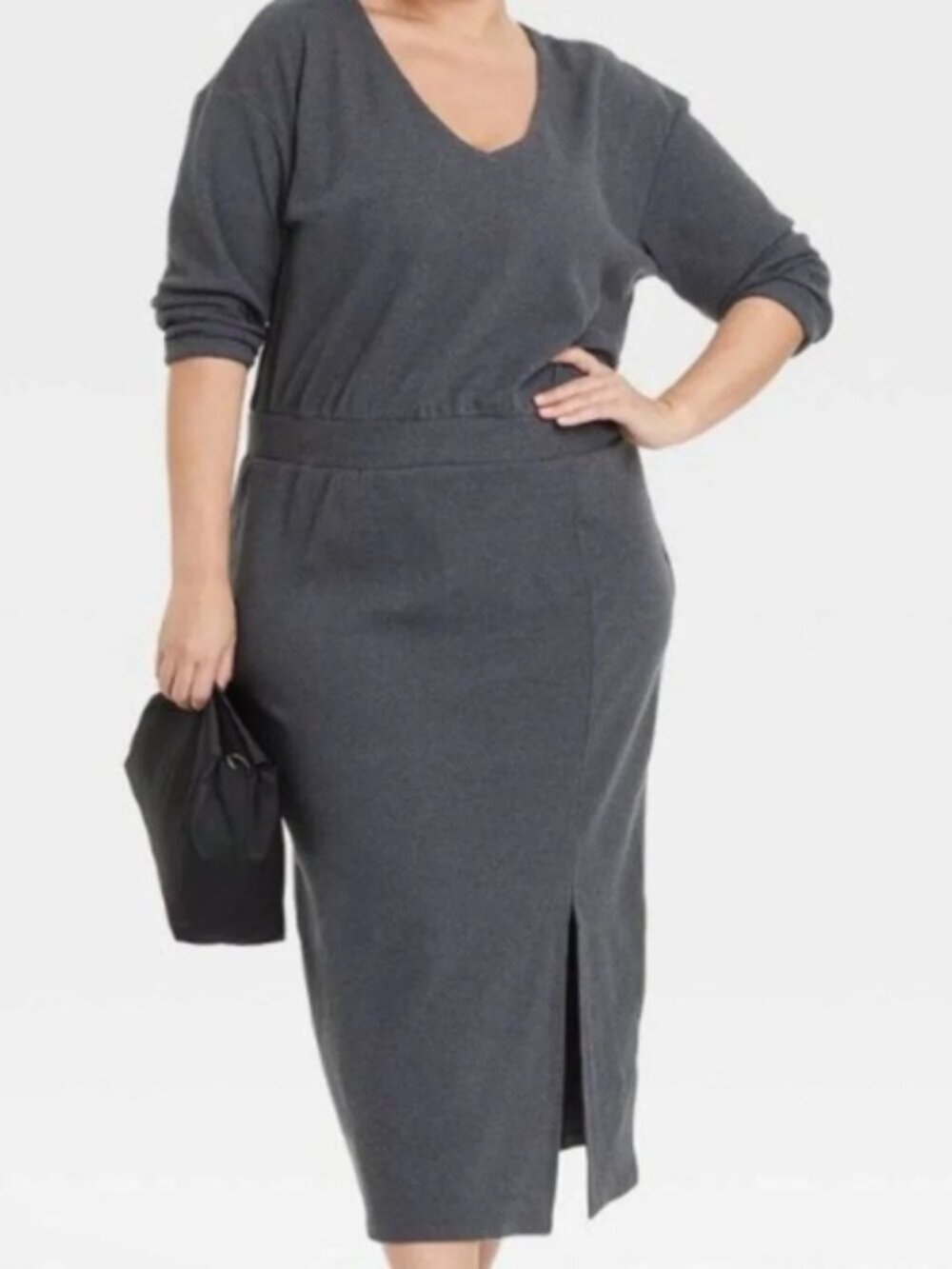 Ava & Viv Charcoal Grey V-Neck Midi Dress Plus Size 2X